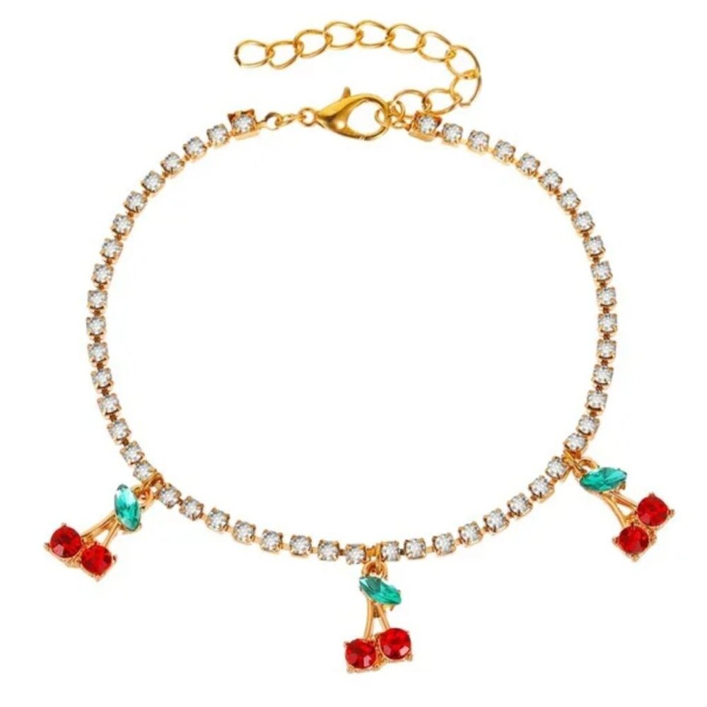 Gold-Tone Rhinestone Bracelet with Cherry Charms
